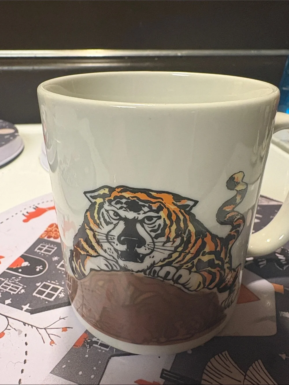 White and Orange Ceramic Accent Mug with Tiger Graphic